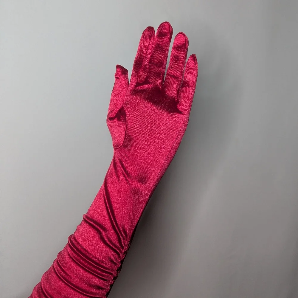 New Womens Red Semi Shiny Ruched Scrunched Satin Evening Gloves One Size